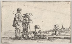 Levy 13: kaksi talonpoikaa seisomassa vasemmalla, rampa polvistumassa keskellä, a..., n. 1642. tekijältä Stefano della Bella