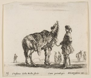 Levy 15: puolalainen aatelismies, kasvot poispäin, pitelee hevosta leopardinahka peitettynä..., n. 1644-47. tekijältä Stefano della Bella
