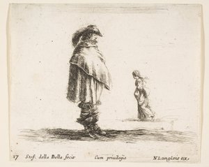 Kilpi 17: mies, jolla on hattu päällään keskellä oikealle, nainen kävelee kohti..., n. 1644-47. tekijältä Stefano della Bella