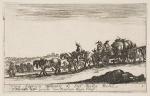 Levy 1: Hevoskärryt, jotka kuljettavat ihmisiä ja tavaroita, kuollut hevonen etualalla, f..., n. 1641. tekijältä Stefano della Bella