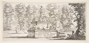 Kilpi 1: monumentti patsaineen ja vaakuna keskellä, piirtäjä..., n. 1643. tekijältä Stefano della Bella