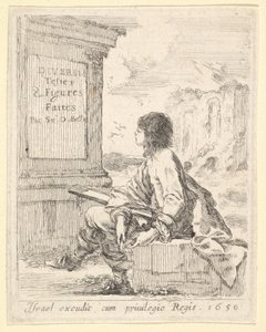 Levy 1: nuori mies istuu kivellä, kasvot vasemmalle, pitelee piirustuslehtiötä vuonna ..., 1650. tekijältä Stefano della Bella
