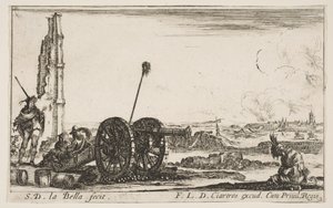 Levy 2: Tykki vasemmalla, kaupunki taustalla, Various Military Capricista..., n. 1641. tekijältä Stefano della Bella