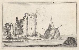 Levy 2: oikealla laiva ja vasemmalla soutuvene, rantaan upotettu, torni raunioina b..., n. 1642. tekijältä Stefano della Bella