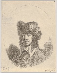 Levy 2: miehen pää, jolla on viikset ja turkislakka vasemmalle, soikea sommitelma, vuodelta..., 1650. tekijältä Stefano della Bella