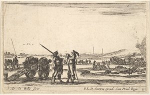 Levy 3: Upseeri antaa käskyjä sotilaalle keskellä etualalla, tykki vasemmalla,..., n. 1641. tekijältä Stefano della Bella