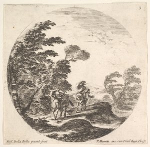 Levy 3: myrsky metsässä, kaksi hevosmiestä pukeutuneena viikoihinsa, tuuli puhaltaa..., n. 1643-48. tekijältä Stefano della Bella