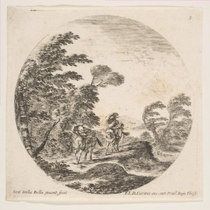 Levy 3: myrsky metsässä, kaksi hevosmiestä pukeutuneena kaapuihinsa, tuuli puhaltaa..., n. 1646. tekijältä Stefano della Bella