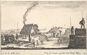 Levy 4: Sotilasleiri, jossa sotilas seisoo kaiteen päällä oikealla..., n. 1641. tekijältä Stefano della Bella