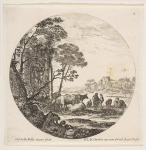 Levy 4: Korintin pääkaupunki maassa vasemmalla, monumentti hahmoineen matalalla..., n. 1646. tekijältä Stefano della Bella