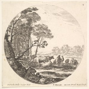 Levy 4: Korintin pääkaupunki maassa vasemmalla etualalla, muistomerkki, n. 1643-48. tekijältä Stefano della Bella