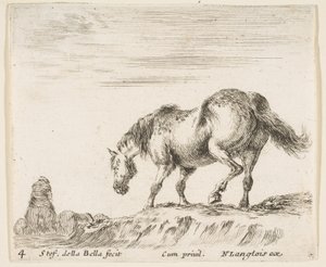 Levy 4: hevonen profiilissa vasemmalle, laskeutumassa kukkulasta, hevonen..., n. 1644-47. tekijältä Stefano della Bella