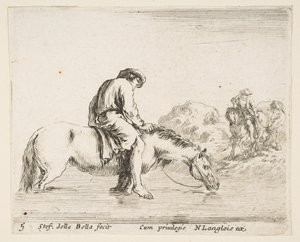 Levy 5: paljasjalkainen talonpoika hevosella ylittämässä jokea, toinen talonpoika hevosella..., n. 1644-47. tekijältä Stefano della Bella