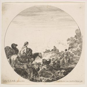 Levy 5: nainen kantaa lasta hevosen selässä vasemmalla, kameli seuraa häntä, lauma..., n. 1646. tekijältä Stefano della Bella