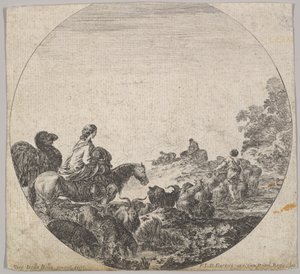 Levy 5: nainen kantaa lasta hevosen selässä vasemmalla, kameli seuraa häntä, lauma..., n. 1643-48. tekijältä Stefano della Bella