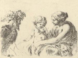 Levy 6: nainen oikealla pitelee lastaan, joka istuu aasin huipulla, satyr l..., n. 1646. tekijältä Stefano della Bella