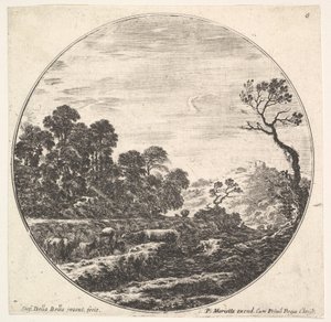 Taulu 6: lehmät ylittävät laakson vasemmalla, puuryhmä vasemmalla, ratsumies ja o..., n. 1643-48. tekijältä Stefano della Bella