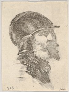 Levy 6: kypärää käyttävän vanhan parrakkaan sotilaan pää oikealle, Various heads..., 1650. tekijältä Stefano della Bella
