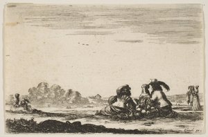 Levy 7: Kaksi aatelismiestä istuvat keskellä, takaa katsottuna, keskustelemassa aatelisnaisen meren kanssa..., 1642. tekijältä Stefano della Bella