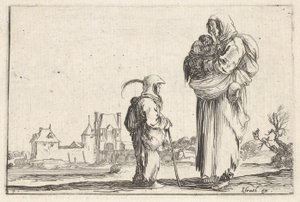 Levy 7: talonpoikanainen kantamassa lasta oikealla, puhumassa toiselle seisovalle lapselle..., n. 1642. tekijältä Stefano della Bella