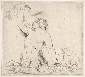Levy 7: tritoni vedessä, vasemmalle päin, ankeriaan ylhäällä oikeassa kädessään ja t..., n. 1646. tekijältä Stefano della Bella
