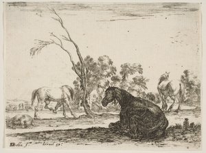 Kilpi 8: istuva hevonen oikealla, takaa katsottuna ja vasemmalle käännettynä, kolme muuta hor..., 1642.