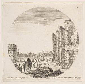 Levy 9: Konstantinuksen kaari vasemmalla, osa Colosseumia oikealla, erilaisia hors..., n. 1646. tekijältä Stefano della Bella