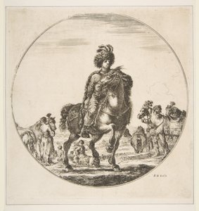 Puolalainen ratsumies oikealle, pyöreä sommitelma, Figuures on Horseback Cav..., n. 1651. tekijältä Stefano della Bella
