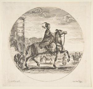 Puolalainen ratsumies profiilissa oikealle, torni ja muita hahmoja hevosilla taustalla..., n. 1651. tekijältä Stefano della Bella