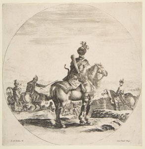 Puolalainen ratsumies jousella ja nuolella, takaa katsottuna hevonen oikealle, ..., n. 1651. tekijältä Stefano della Bella
