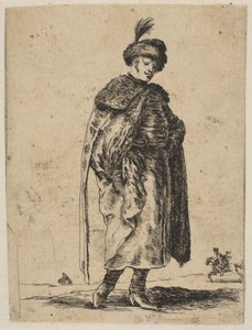 Puolalainen mies, jolla on viikset, yllään turkki ja hattu höyhenellä, n. 1648.