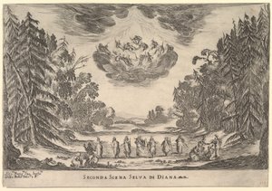 Toinen kohtaus Dianan metsässä jumalten häistä Le nozze degli Dei, 1637. tekijältä Stefano della Bella