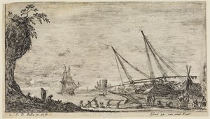 Merimaisemat (Paysages maritimes): Merisatama, jossa merimiehet ja työntekijät kuljettavat puutukkeja tekijältä Stefano della Bella