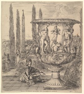 Medici-maljakko, suuri maljakko oikealla, koristeltu esityksellä..., 1656. tekijältä Stefano della Bella