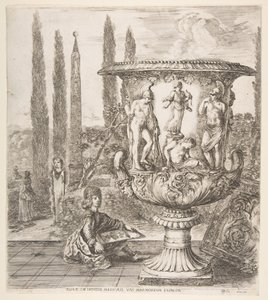 Medici-maljakko, suuri maljakko oikealla, koristeltu esityksellä..., 1656. tekijältä Stefano della Bella