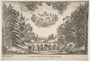 Jumalien häät: Toinen kohtaus, Diana, 1637. tekijältä Stefano della Bella
