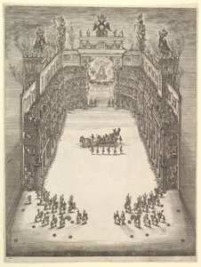 Modenan teatteri, ylhäältä katsottuna ja täynnä katsojia, voittoautolla cen..., 1652.