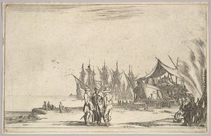 Kolme hattua pukeutunutta miestä seisoo keskellä, miehet kiinnittävät laivaa oikealle, viisi laivaa ja vari..., 1639. tekijältä Stefano della Bella