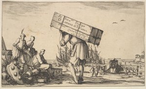 Otsikkosivu: mies kantolaukkua selässään keskellä, kolme miestä katsomassa häntä kohti ..., 1639. tekijältä Stefano della Bella