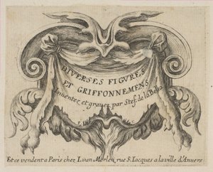 Nimisivu, julkaisusta "Eri hahmot ja doodles" Erilaisia hahmoja et griffonnemens, ca. 1646 tekijältä Stefano della Bella