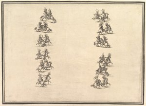 Kaksikymmentäneljä ratsastajaa kaksintaistelemassa ja muodostamassa kaksi kolonnia La Gara delle Stagionista vuodelta 1652. tekijältä Stefano della Bella