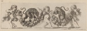 Kaksi leopardia hyppäämässä juhlaa lasten tukemana, luultavasti 1648. tekijältä Stefano della Bella