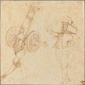 Kaksi miestä naamiaisasuissa: Tykin laukaisu ja kissa hiirenloukun sisällä, c. 1645. tekijältä Stefano della Bella