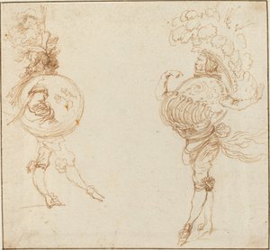 Kaksi miestä naamiaisasuissa: Maa ja paraatikypärä, n. 1645. tekijältä Stefano della Bella
