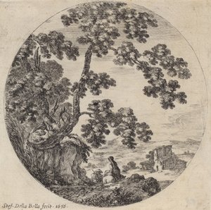Kaksi matkustajaa kulkemassa vanhan tammen ohi, 1656. tekijältä Stefano della Bella