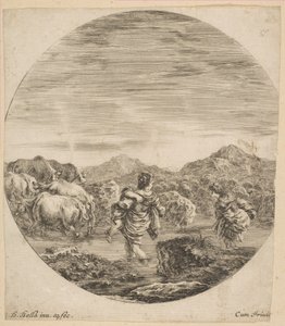Kaksi naista ylittämässä puron, n. 1646. tekijältä Stefano della Bella