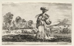 Erilaisia hahmoja ja maisemia: Talonpoikanainen kantamassa koria päässään, 1649. tekijältä Stefano della Bella