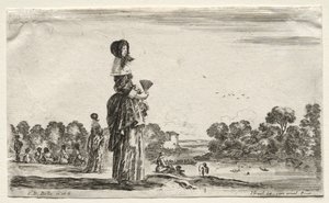 Erilaisia hahmoja ja maisemia: Naiset katsomassa uimareita joen varrella, 1649. tekijältä Stefano della Bella