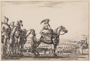 Erilaisia hahmoja (Varie figure): Armeija marssimassa tasangolla. Etualalla kukkulalla komentaja ja seurueensa, oikealla trumpetisti tekijältä Stefano della Bella