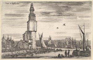 Näkymä Amsterdam Vue dAmsterdamille, torni ja talot vasemmalla, miehiä seisomassa laiturilla..., 1647. tekijältä Stefano della Bella